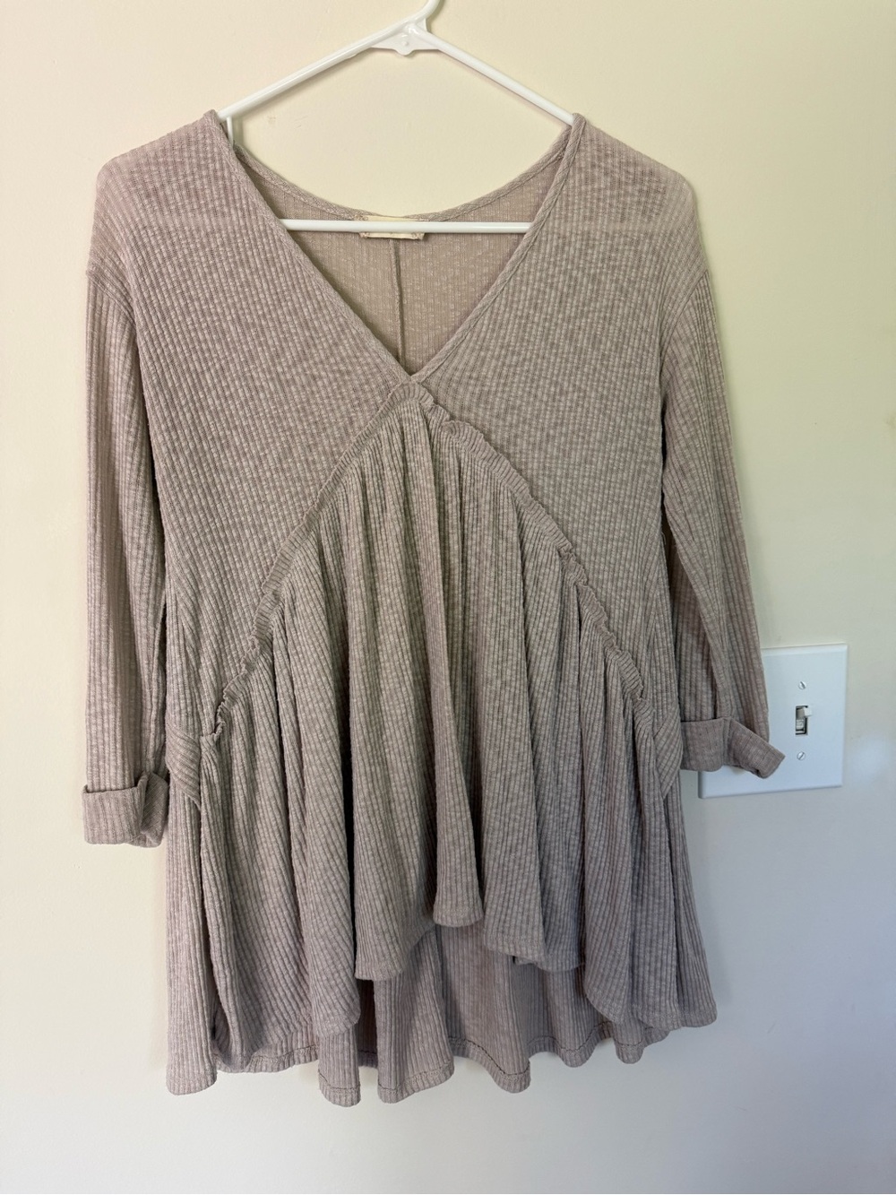 Altar'd State Taupe Ribbed V-Neck Peplum Tunic